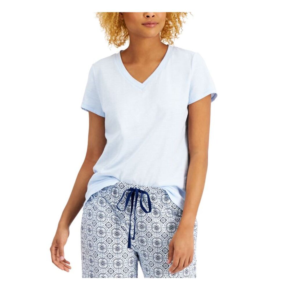 CHARTER CLUB Intimates Light Blue Cotton Blend V-Neck Sleep Shirt Pajama Top XS